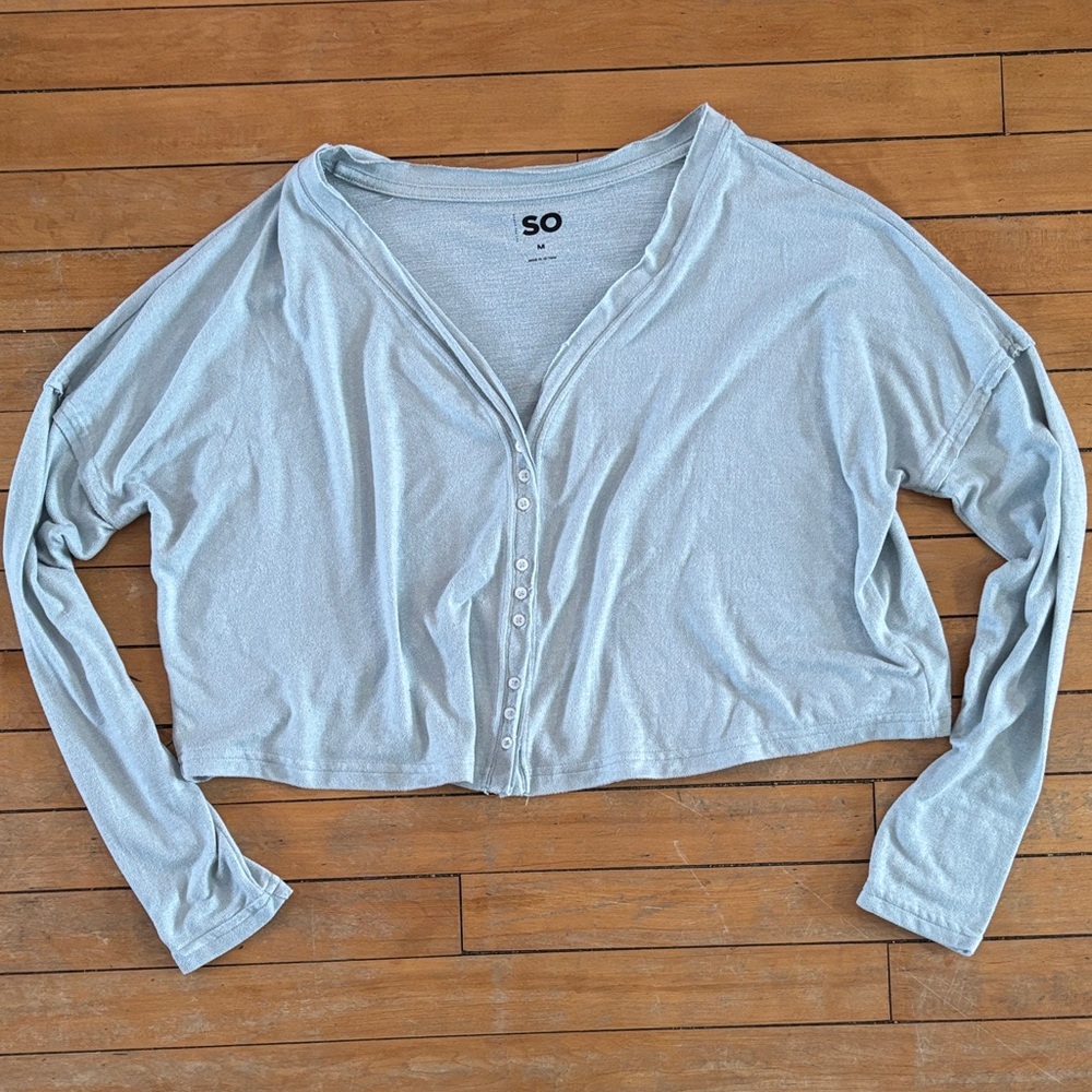 SO Pale Blue Cropped Button-Up Long Sleeve distressed raw hem cardigan